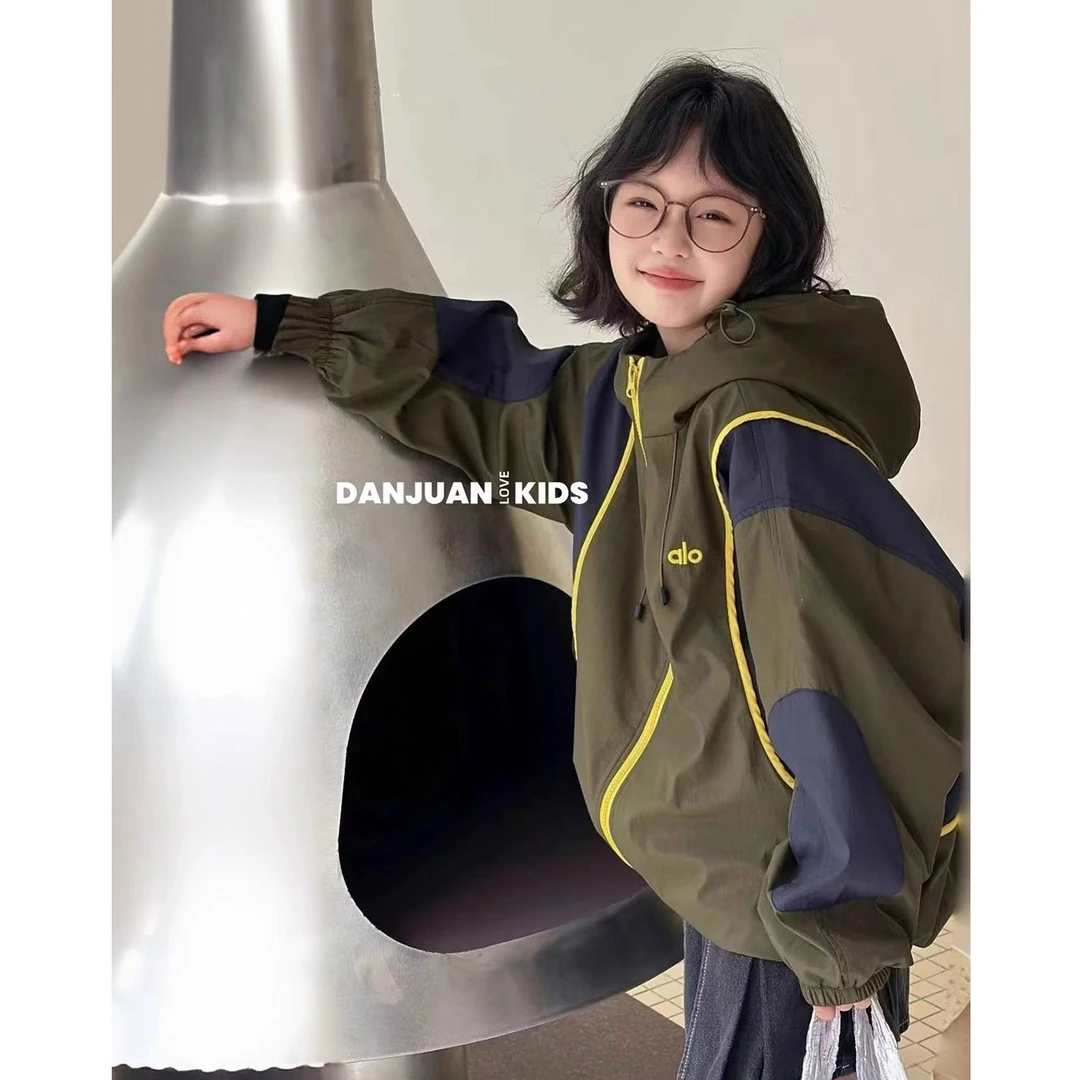 女大童秋装外套洋气拼色冲锋衣青少年初高中生连帽拉链衫潮登山服