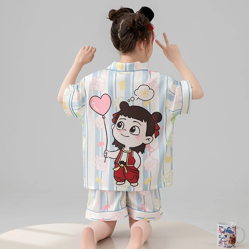 bejirog/北极绒儿童款睡衣时尚甜酷风女童短袖冰雪丝夏季居家套装