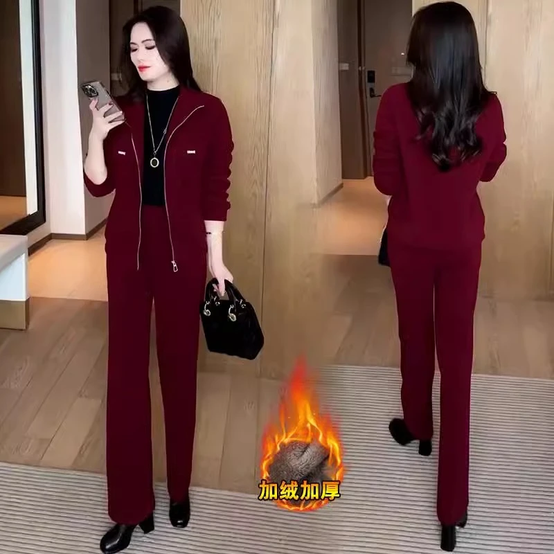 欧货休闲运动套装女加绒加厚2025秋冬新款立领短外套阔腿裤两件套