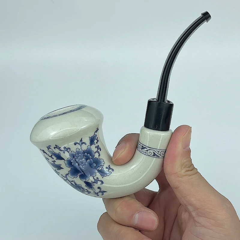 老式复古青花陶瓷烟斗大气室弯式喇叭斗
