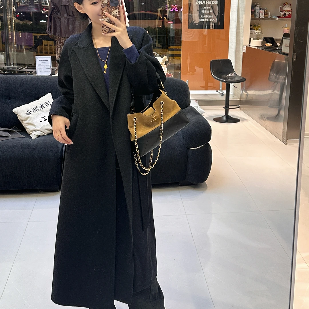 秋冬长款双面呢大衣设计感十足时尚百搭气质外套
