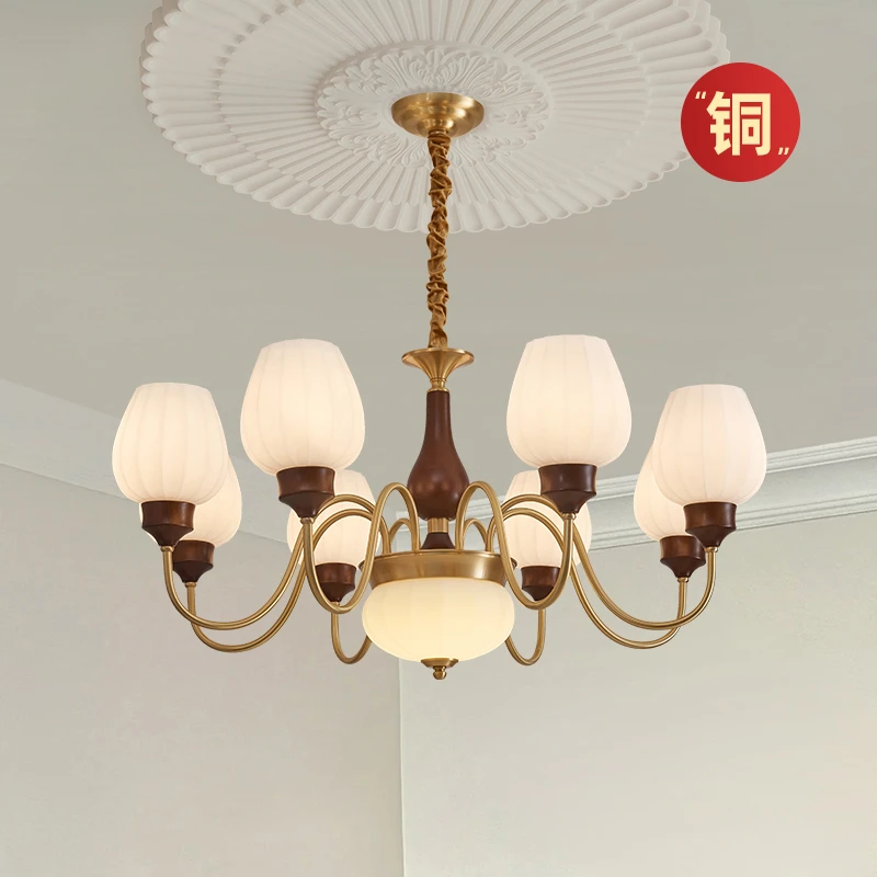 法式中古风客厅吊灯全铜实木复古大气高级感餐厅卧室书房客厅灯具