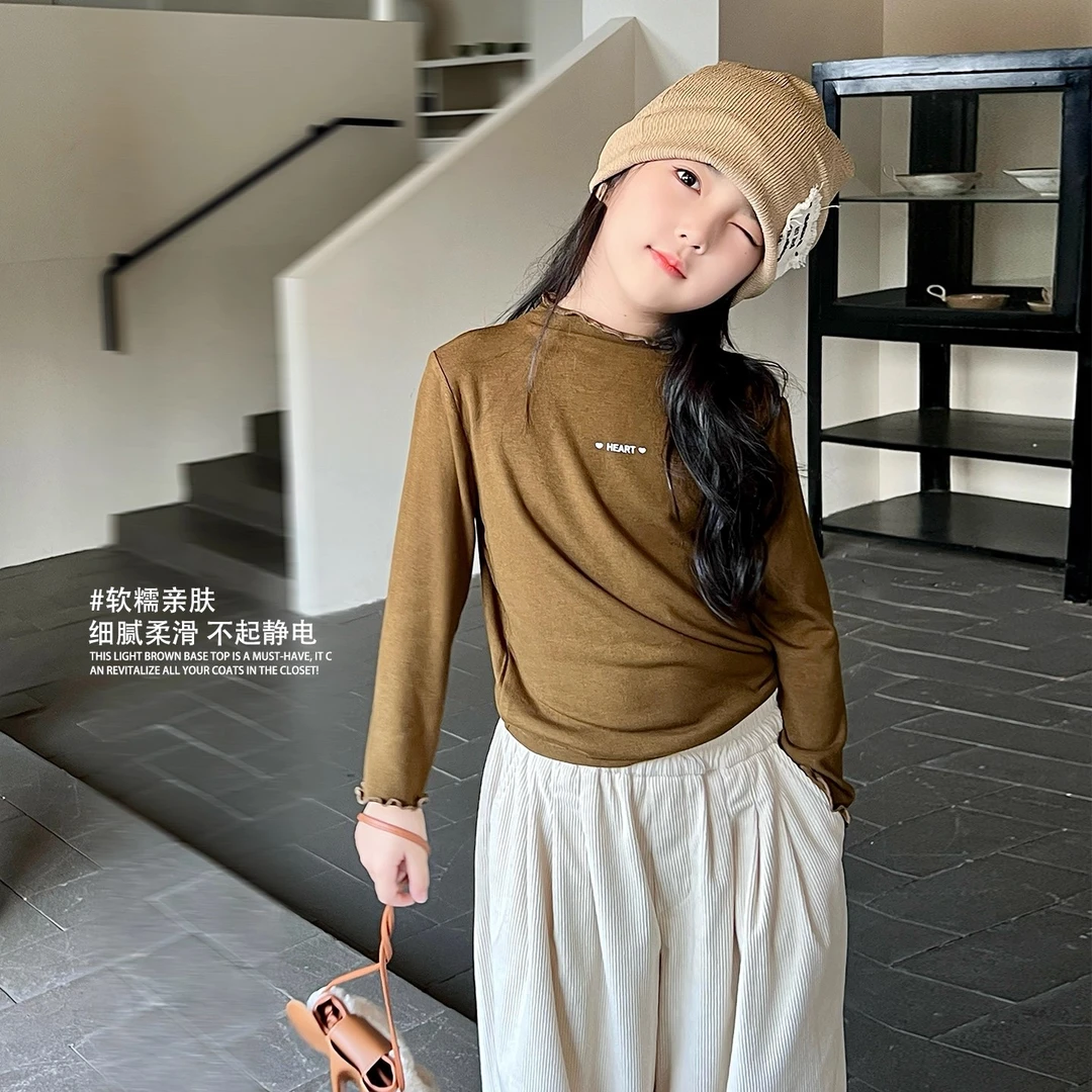 mini旦童装女童纯色长袖打底衫秋冬新款小女孩花边领内搭上衣