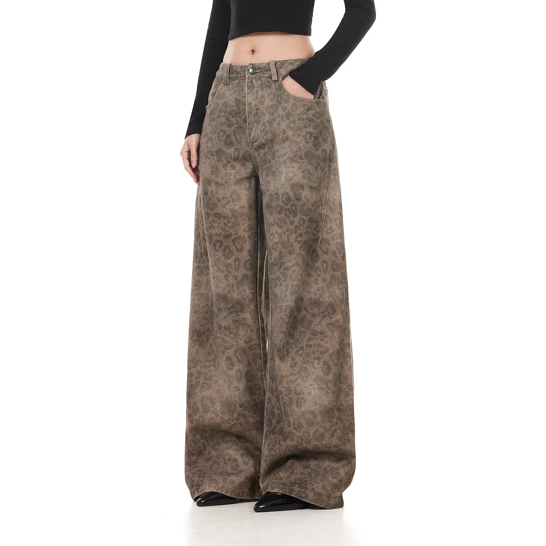 FDR官方店 豹纹牛仔裤男女秋冬宽松百搭直筒裤美式复古情侣长裤子