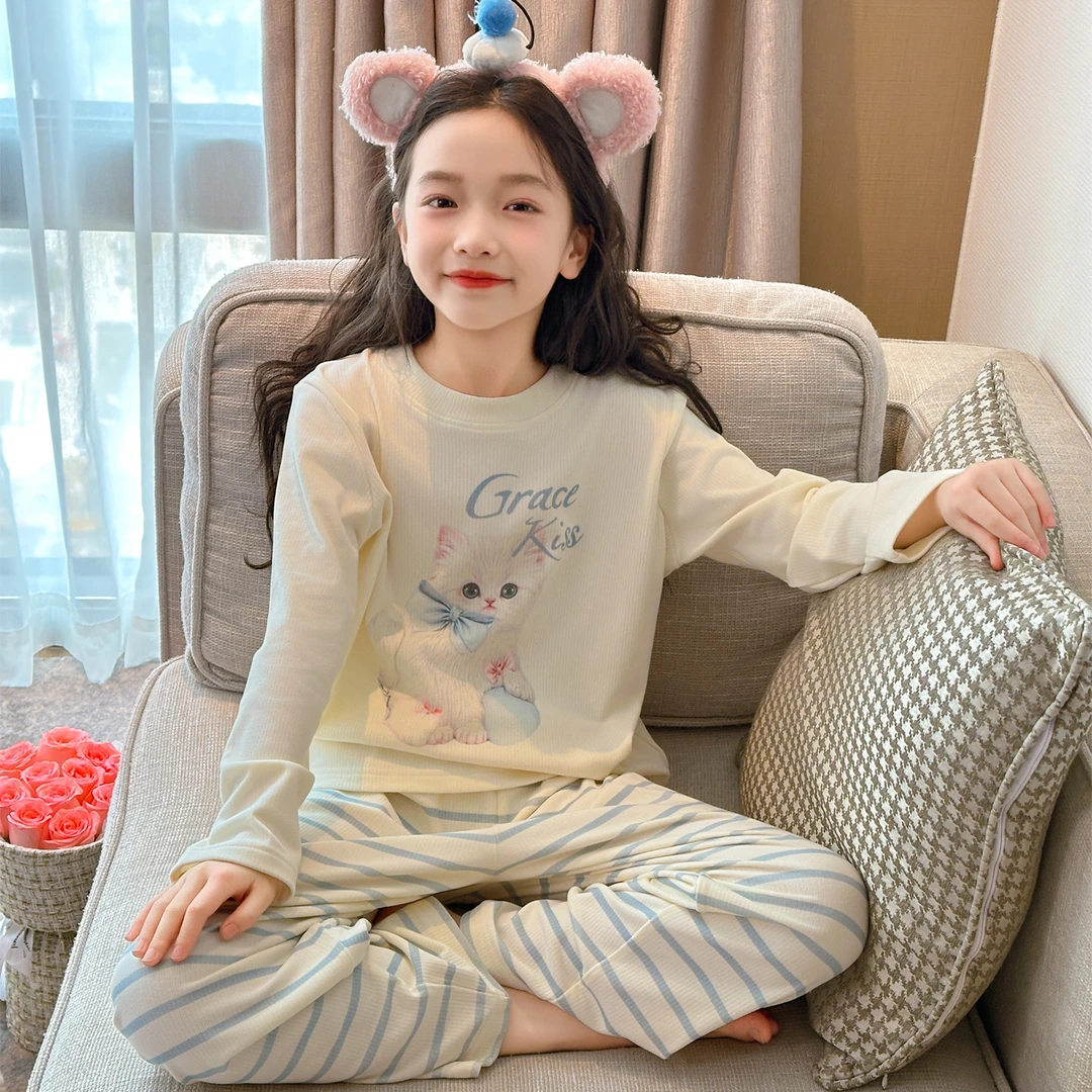 儿童德绒睡衣秋冬2025新款女童初冬家居服中厚猫咪网红洋气睡衣潮