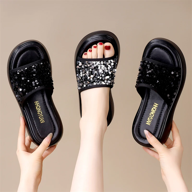 【跟高5厘米】夏季外穿厚底拖鞋女鞋2025软底百搭网红休闲亮片凉鞋