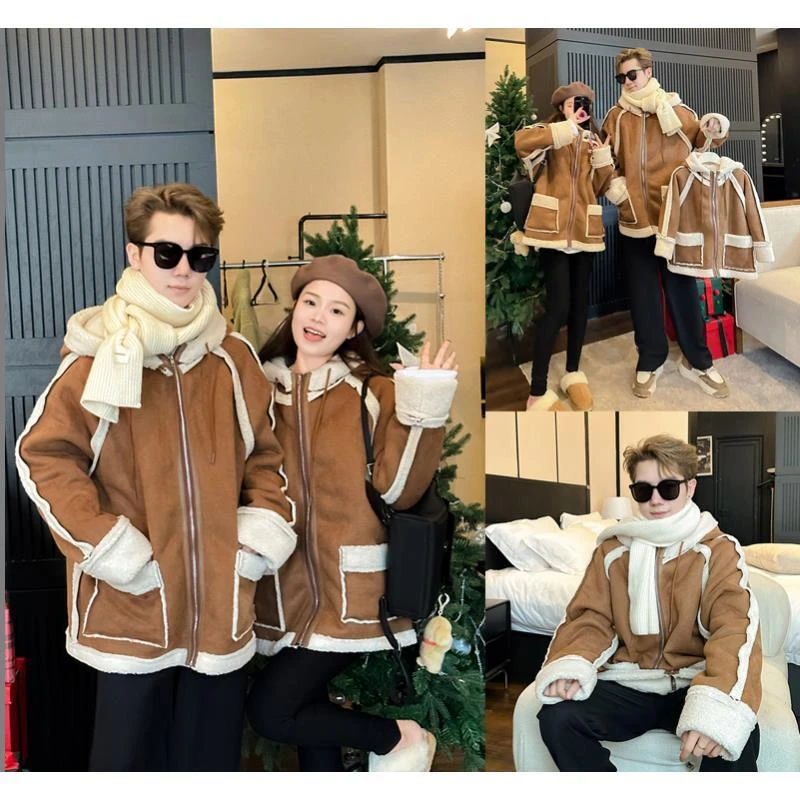 亲子装男女童加厚羊羔绒一家三口韩版机车外套加厚宽松夹克9368