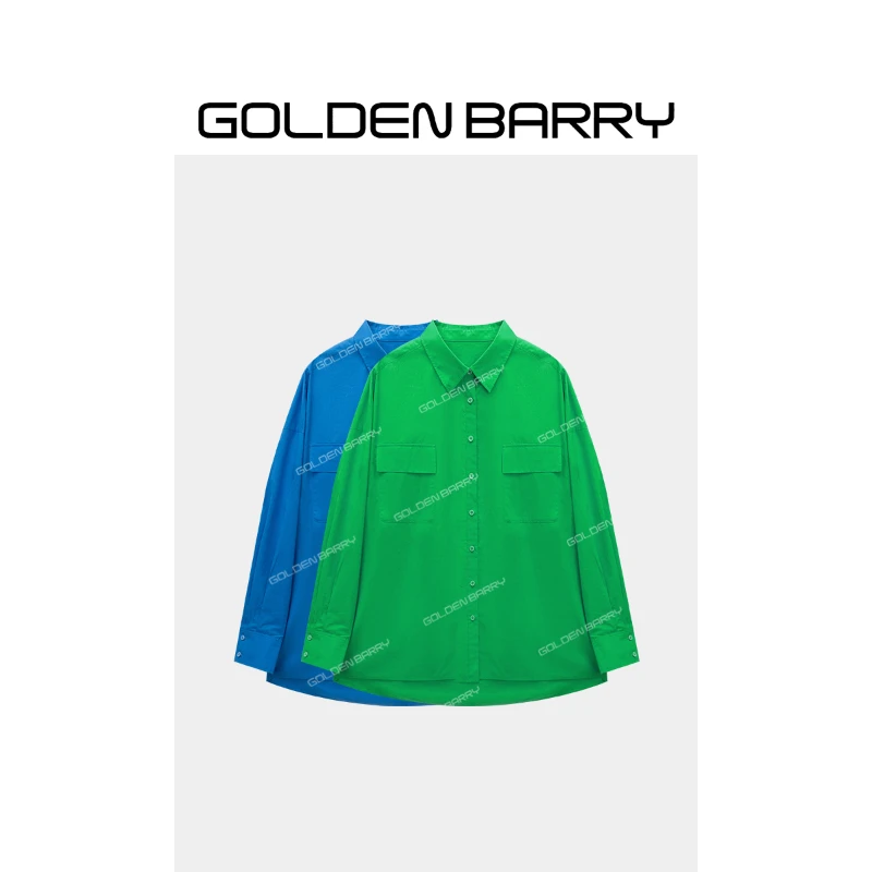 GOLDENBARRY|212655经典撞宽松长袖纯色户外简约翻领大廓形衬衫
