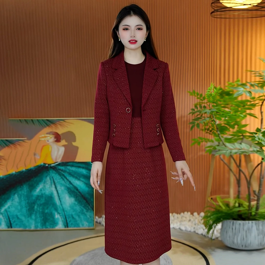 高定轻奢气质时尚套装女2025秋季新款妈妈装修身显瘦连衣裙两件套