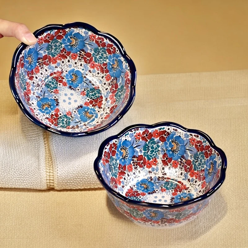 （2）高温釉下彩蓝星花面碗6英寸家用陶瓷创意手绘大号饭碗汤碗