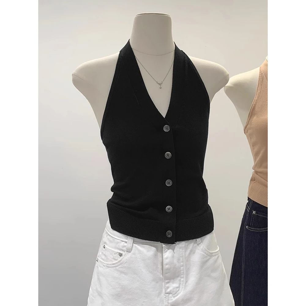 韩版百搭单排扣V领挂脖针织吊带背心女夏季无袖辣妹露背薄款上衣