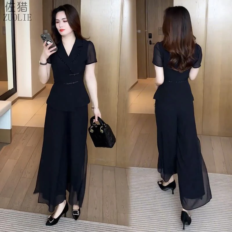 时尚雪纺套装女2025夏季新款时髦洋气显瘦短袖上衣阔腿裤两件套潮