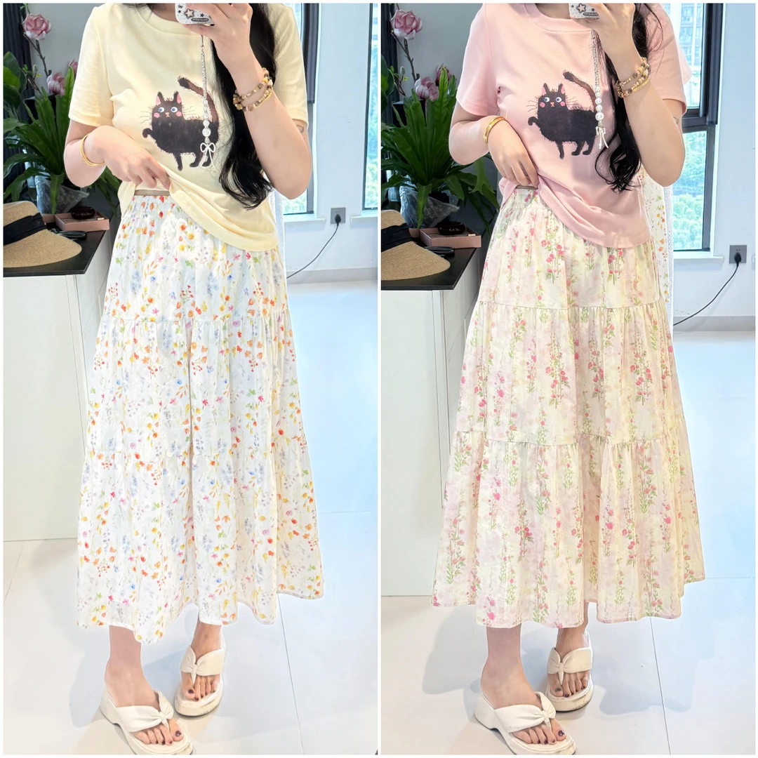 QC李潇洒 【花田错】微胖夏季甜美碎花蛋糕裙休闲松紧腰宽松半裙