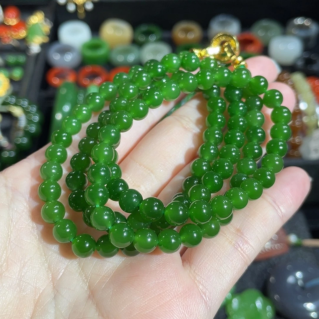 和田玉（碧玉）银S925镶嵌项链卡6 碧玉冰底辣阳绿108颗