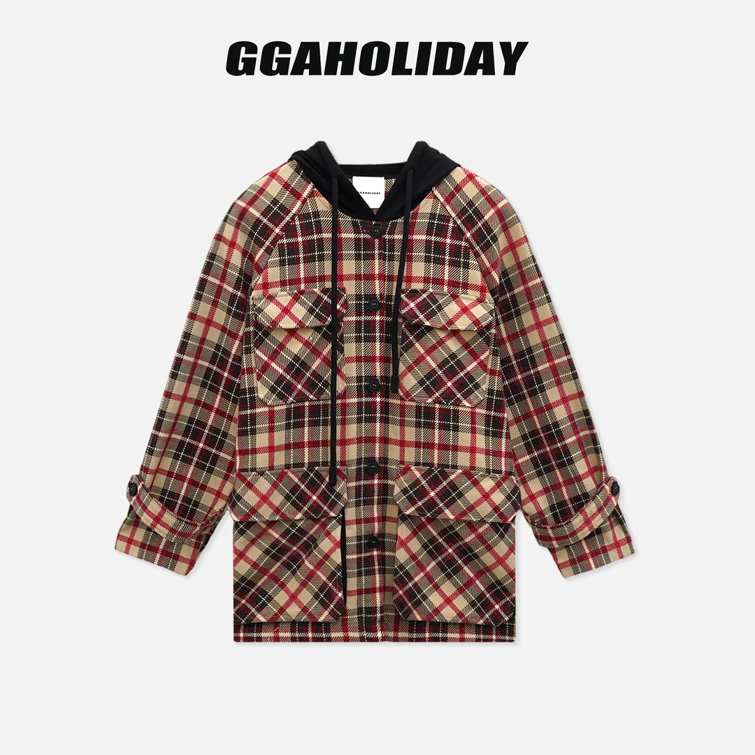 GGAHOLIDAY秋冬时尚休闲潮流格子连帽长袖毛呢中长款外套-153138