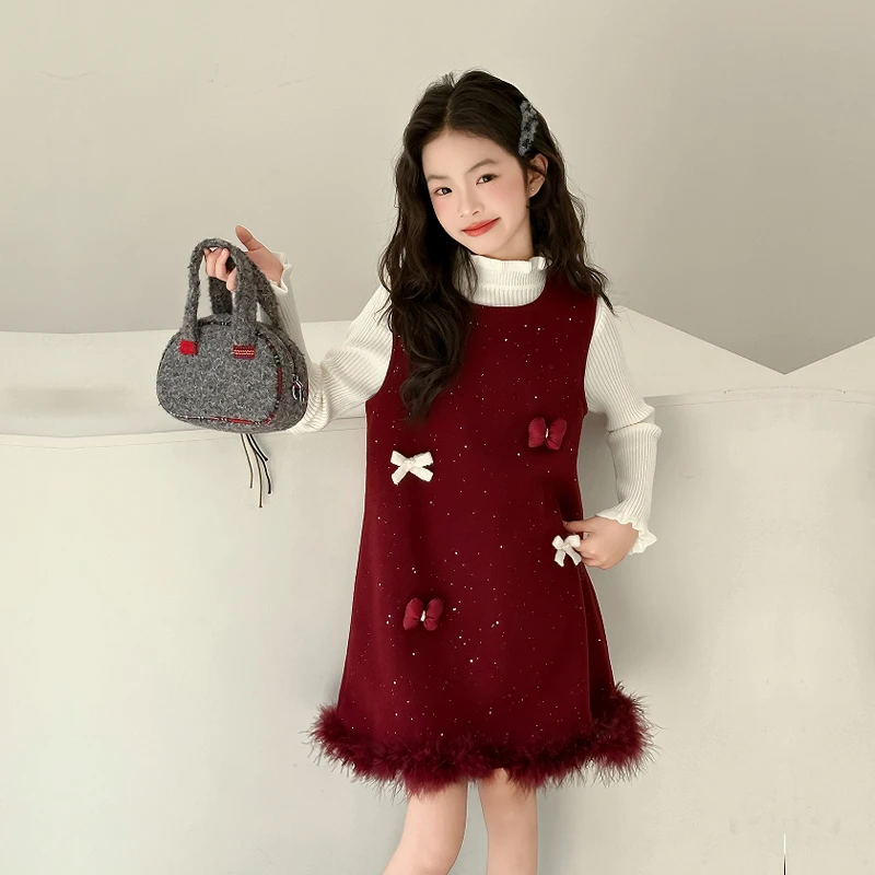 女童连衣裙2025新款冬季儿童裙子洋气毛呢公主裙女大童过年服冬裙