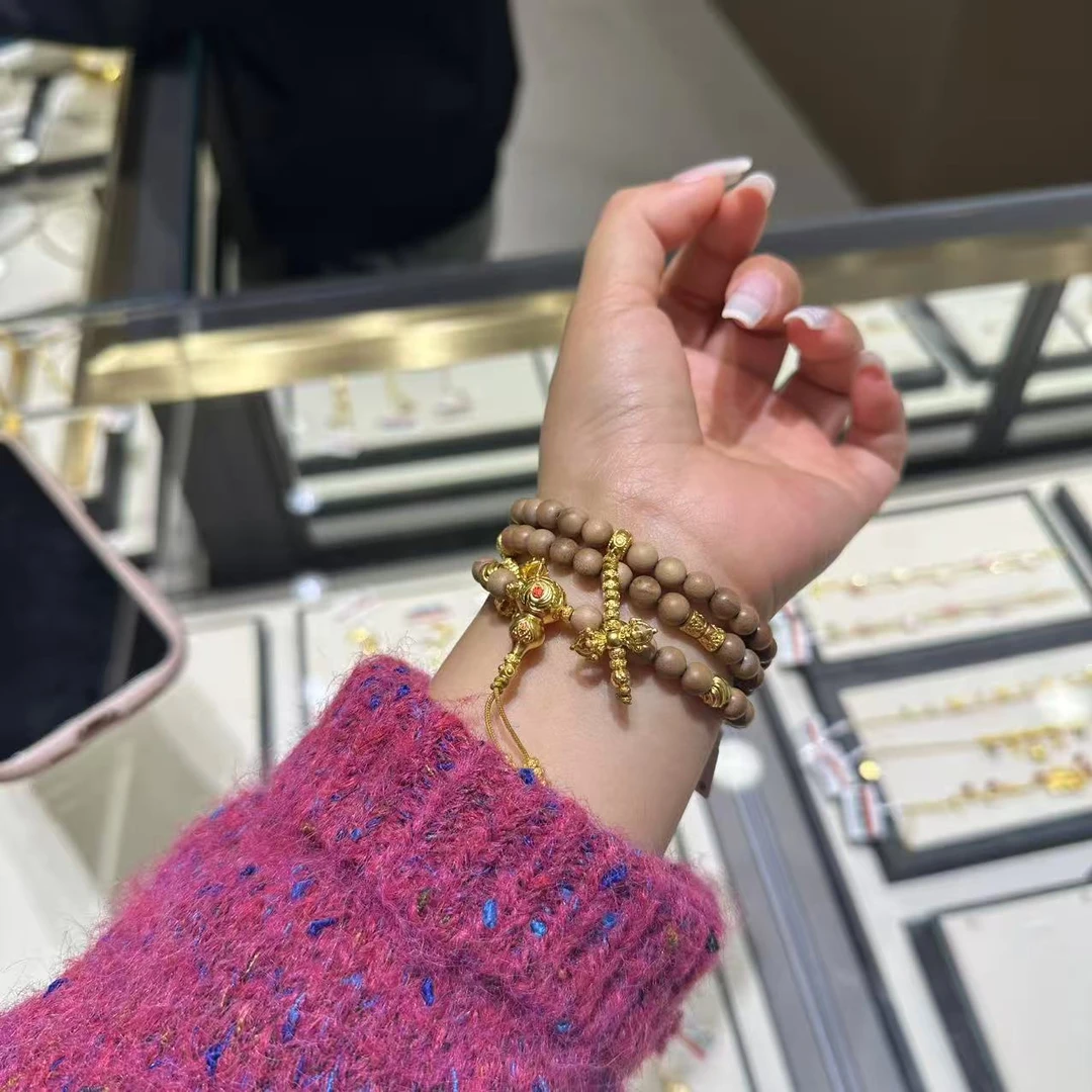 【贞爱福年终狂欢购】黄金足金爆款【檀木金刚杵珐琅三圈手串】