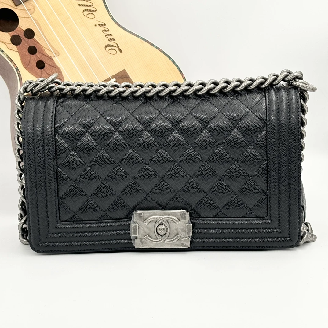 99新 Chanel/香奈儿 黑银 荔枝牛 leboy 中号 链条 翻盖 斜挎包