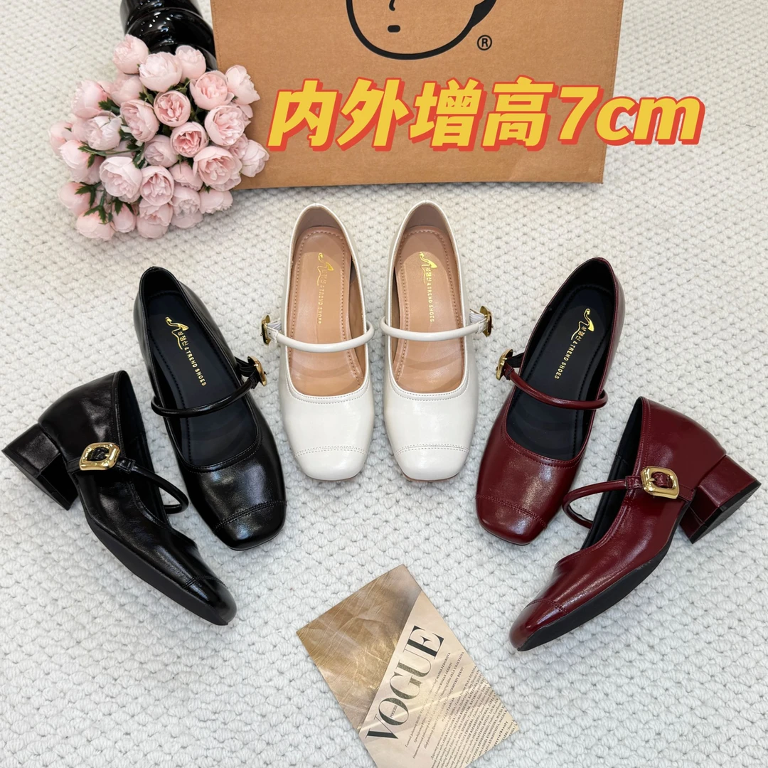 内增高5cm软皮方头通勤百搭芭蕾风单鞋2025春秋新款时尚休闲鞋