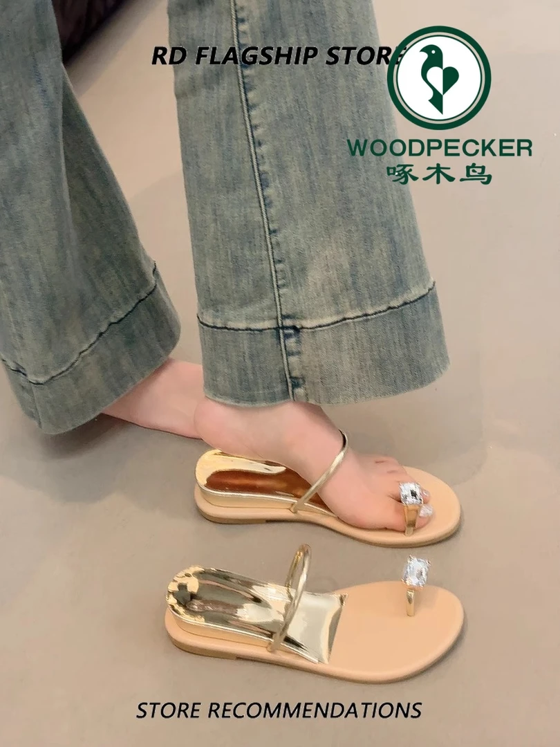 啄木鸟仙女风拖鞋女2025夏季新款网红水钻平底时尚百搭坡跟凉拖鞋