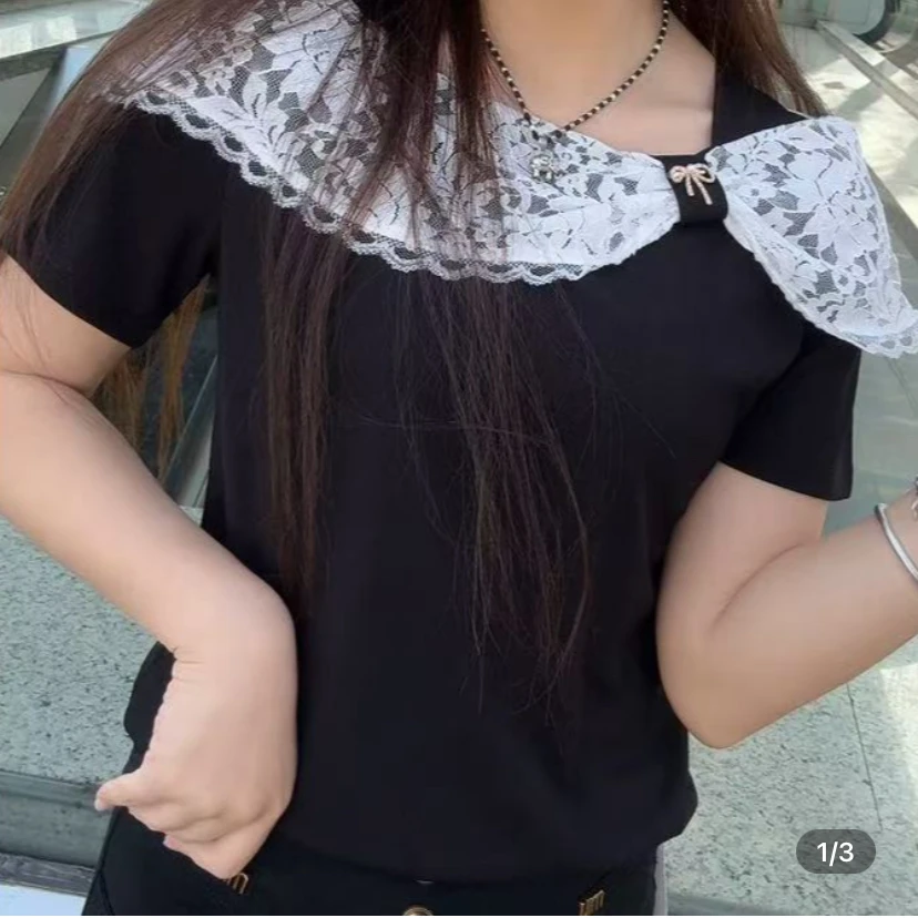 蕾丝拼接蝴蝶结短袖T恤女欧货2025夏季新款修身显瘦洋气百搭上衣
