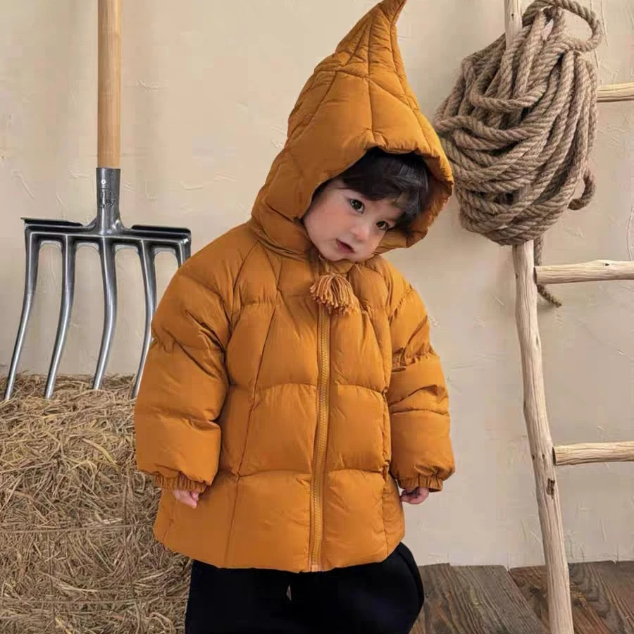 女童棉服2025新款冬季男宝洋气南瓜色连帽外套精灵帽保暖棉衣外套