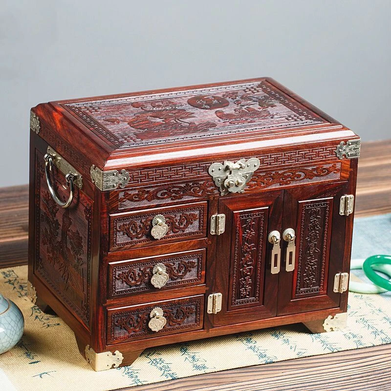 红木红酸枝首饰盒实木带锁珠宝箱中式复古结婚收纳盒榫卯百宝箱木