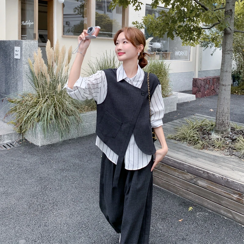 通勤风假两件条纹拼接衬衫阔腿裤2025春秋新款气质韩系ins风套装