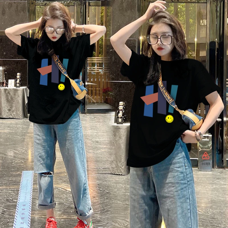 杏色正肩短袖T恤女2025夏季新款欧货大版纯棉宽松中长款上衣ins潮