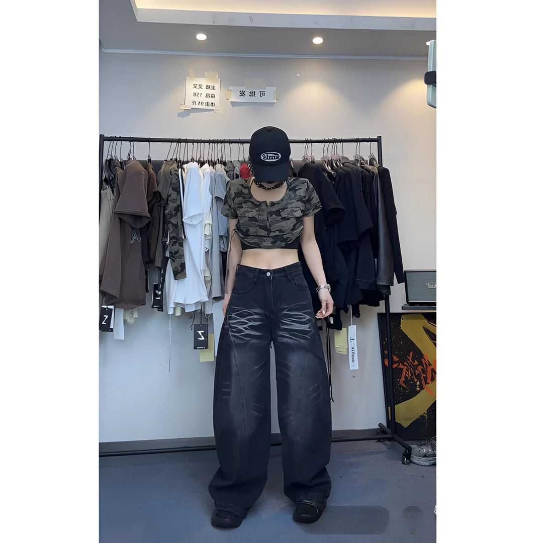 DAXIECHA|十三行帅气牛仔弯刀裤洗水做旧黑色牛仔裤#88119