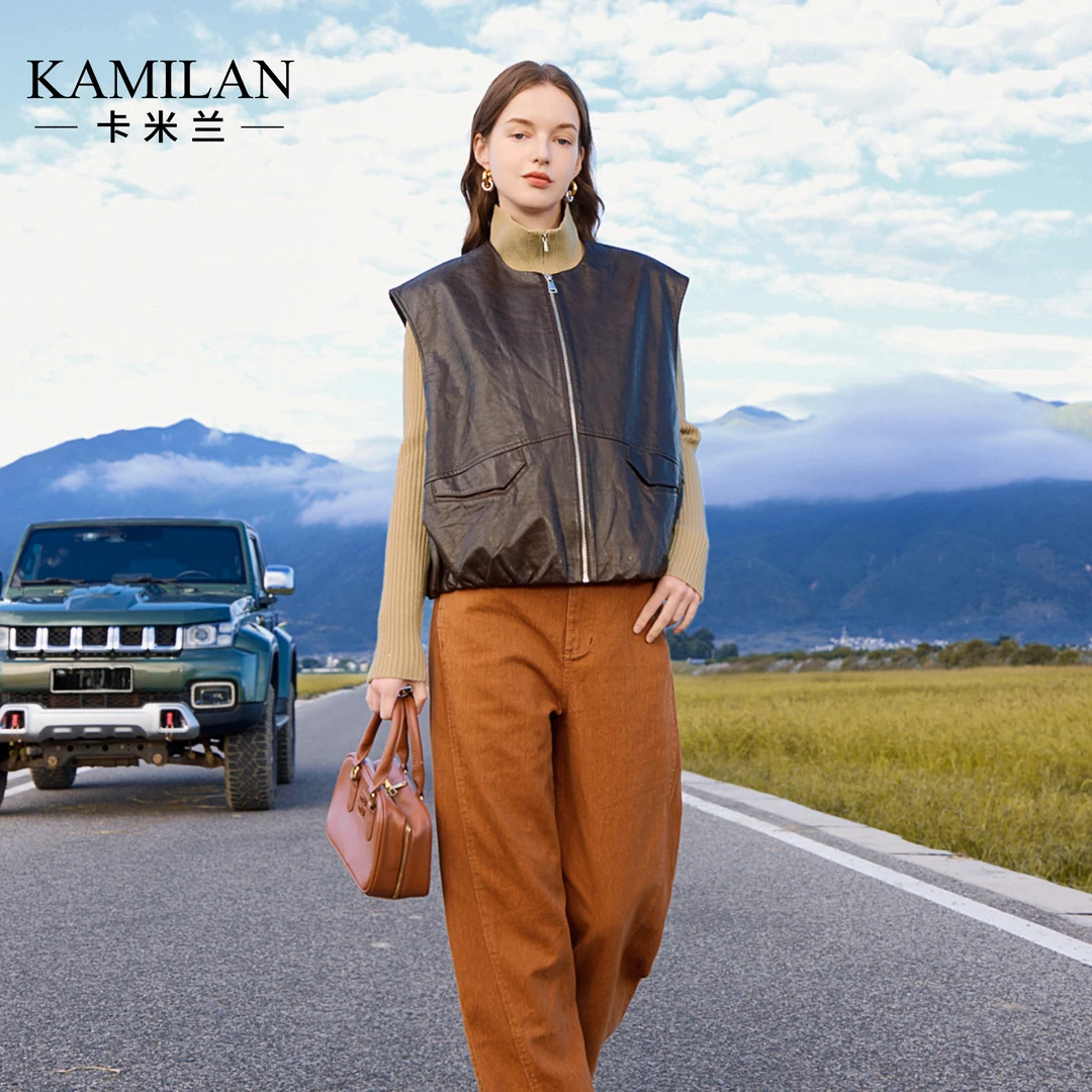 [羊皮]卡米兰无袖真皮皮衣外套女2025秋季新款高级感夹克马甲上衣