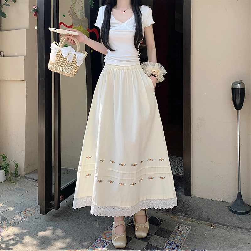 花边拼接刺绣花朵半身长裙复古高腰显瘦A字大摆裙伞裙