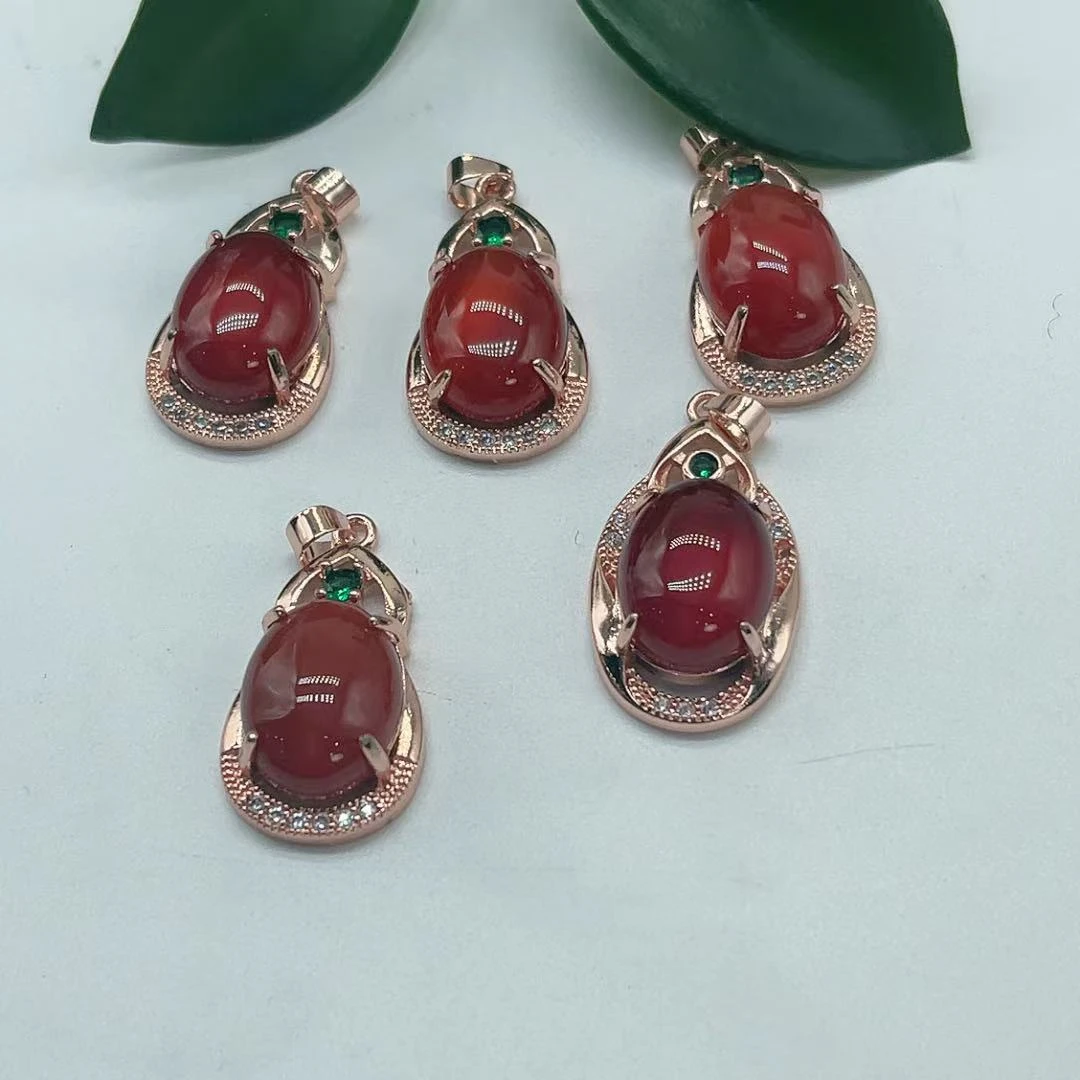 合金镶嵌玫瑰金色红玛瑙蛋面吊坠（拍一发一多样性发货）