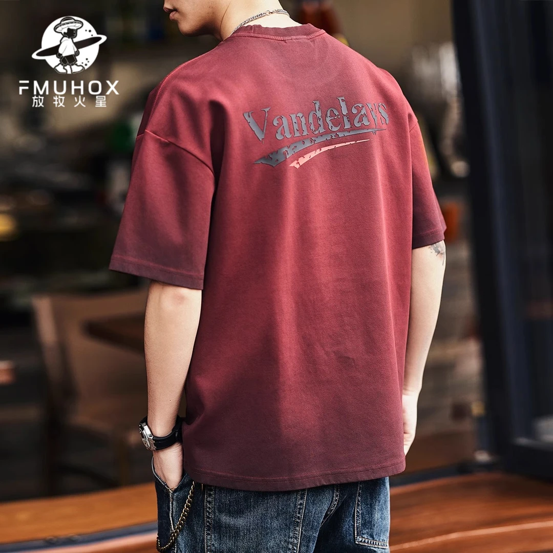 @放牧火星 美式复古重磅字母印花短袖t恤男士夏季潮牌宽松休闲