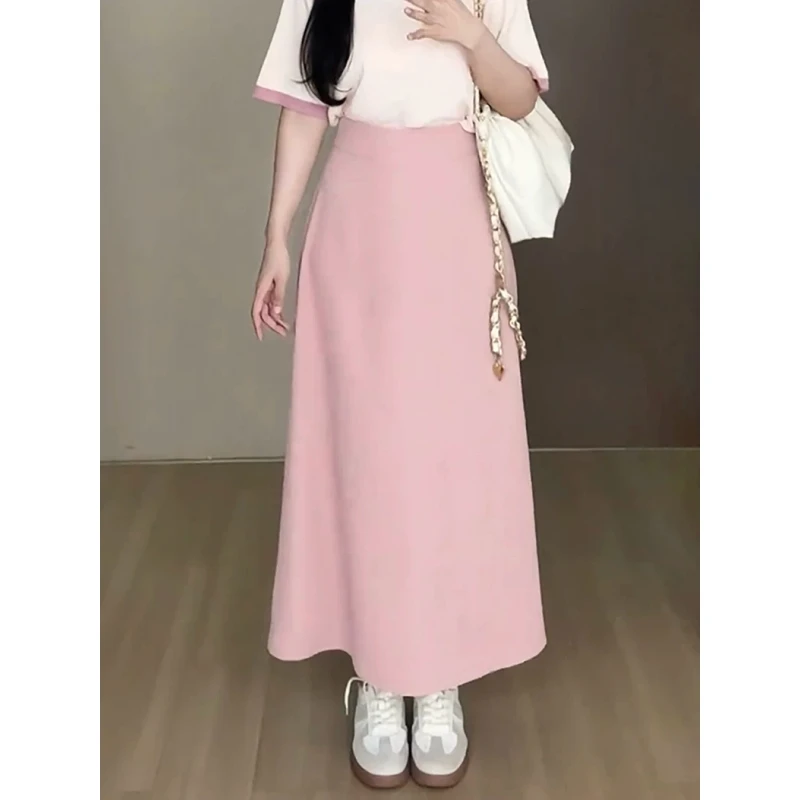 大码女装胖mm设计感纯色高腰A字半身裙女夏季显瘦遮胯百搭中长裙