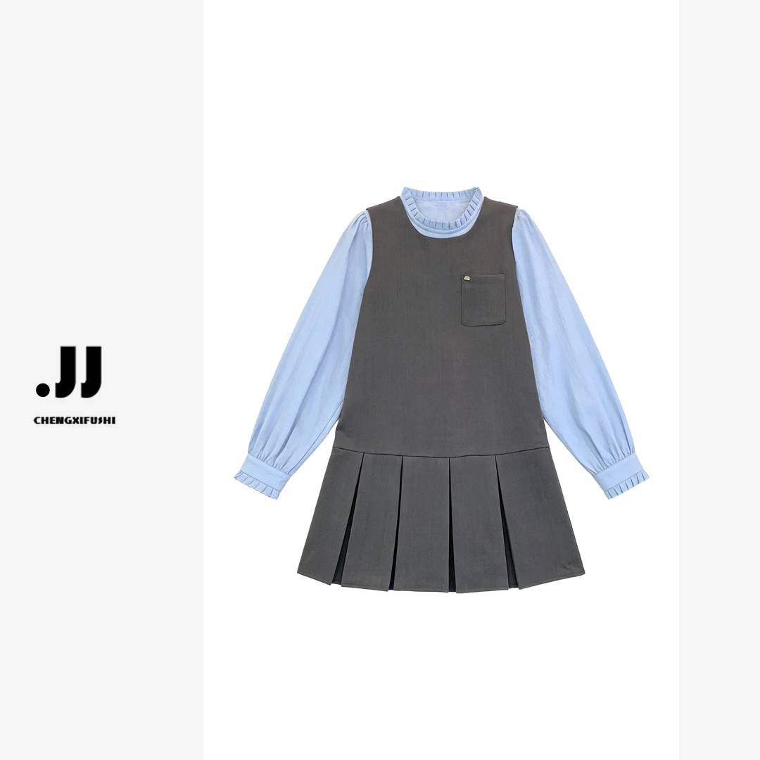 Y918 Y919连衣裙女早秋小众设计感学院风显瘦百褶叠穿背心裙衬衫