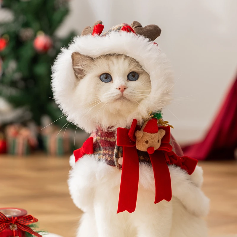 猫咪衣服格子圣诞款牵引披风宠物猫冬季可爱保暖秋冬节日服饰0590