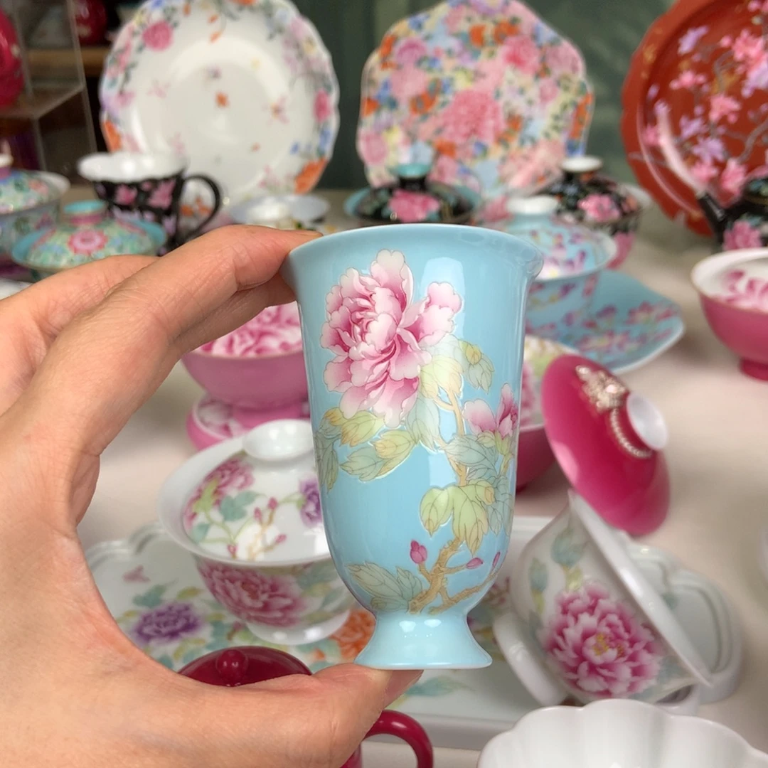 陶景德镇天空蓝闻香杯牡丹花