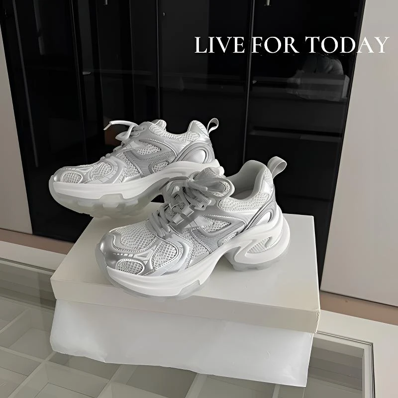 【茵茵家】巴黎旧刊~银白色网面增高厚底运动休闲鞋女老爹鞋夏新款