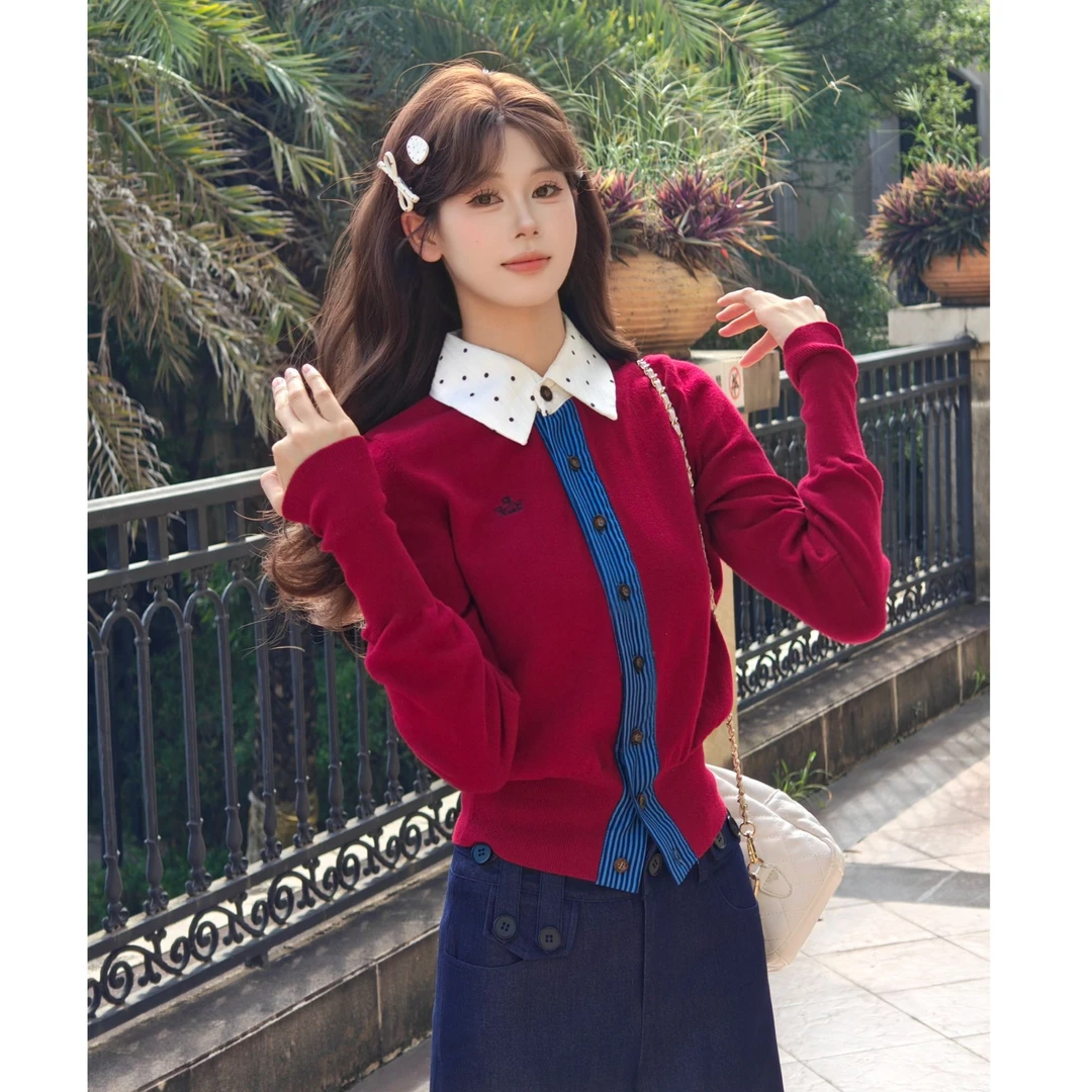 小小仟 星球 复古假两件拼接刺绣毛针织衫女显瘦开衫上衣秋牛仔裤