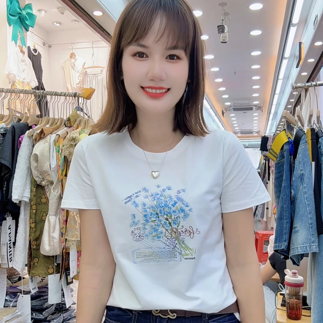 0365（美姿）新款一束花烫钻圆领显瘦洋气时尚夏季T恤女装休闲上衣