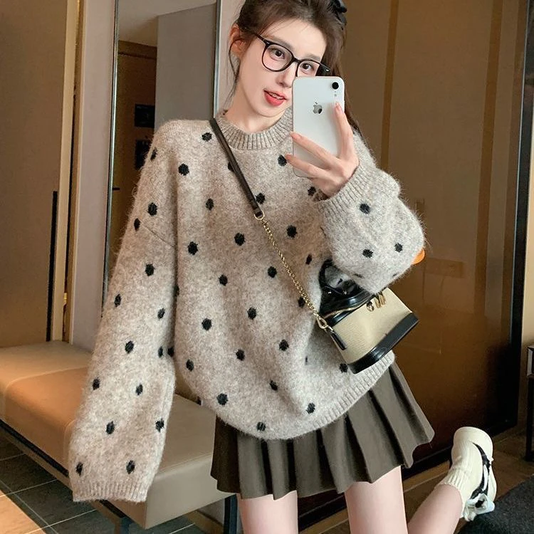 卡其色波点套头毛衣女2025新款秋冬加厚宽松休闲慵懒风内搭针织衫