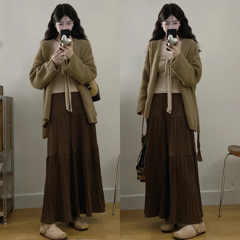 大码胖mm秋冬季慵懒风毛衣开衫+蝴蝶结上衣+压褶长裙三件套女
