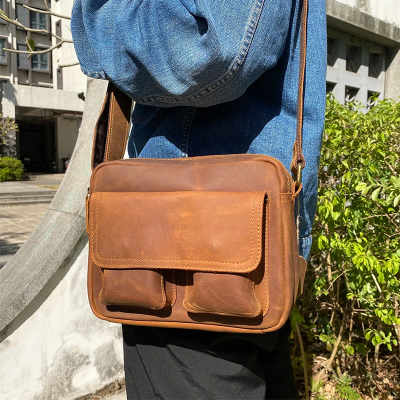 复古疯马牛皮真皮男女士单肩斜挎包手提商务邮差包头层牛皮大容量