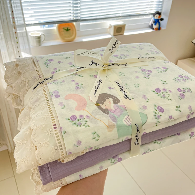 A类双层纱床上四件套非全棉纯棉花边款被套床单被罩2025新款床品4