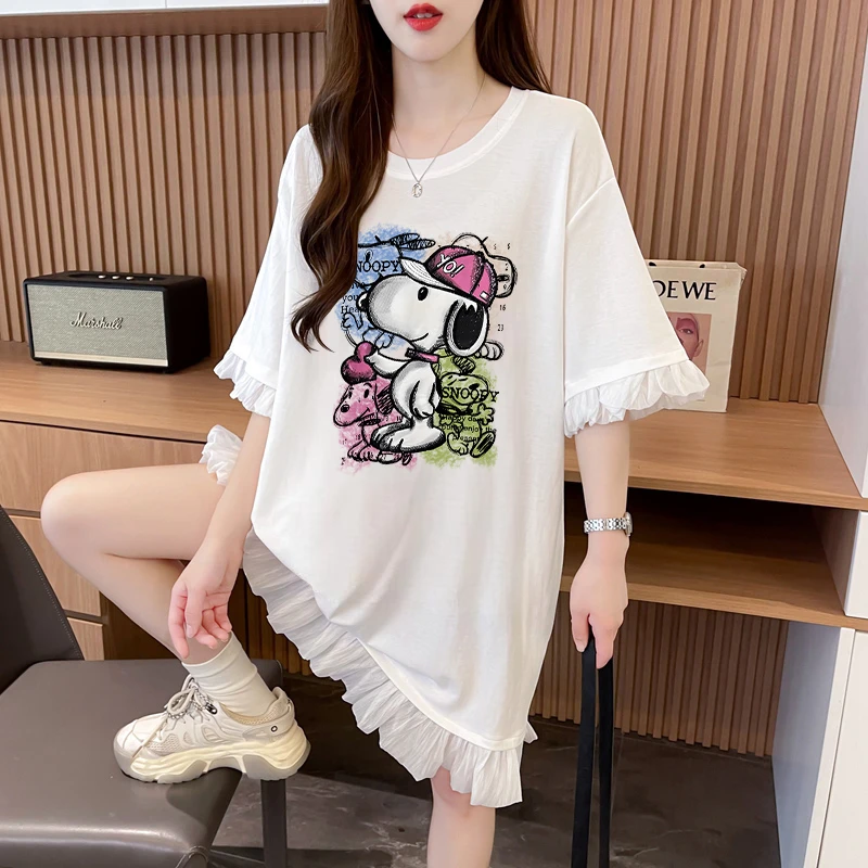 纯棉短袖T恤女夏季韩版宽松百搭大码显瘦遮臀卡通小狗设计连衣裙