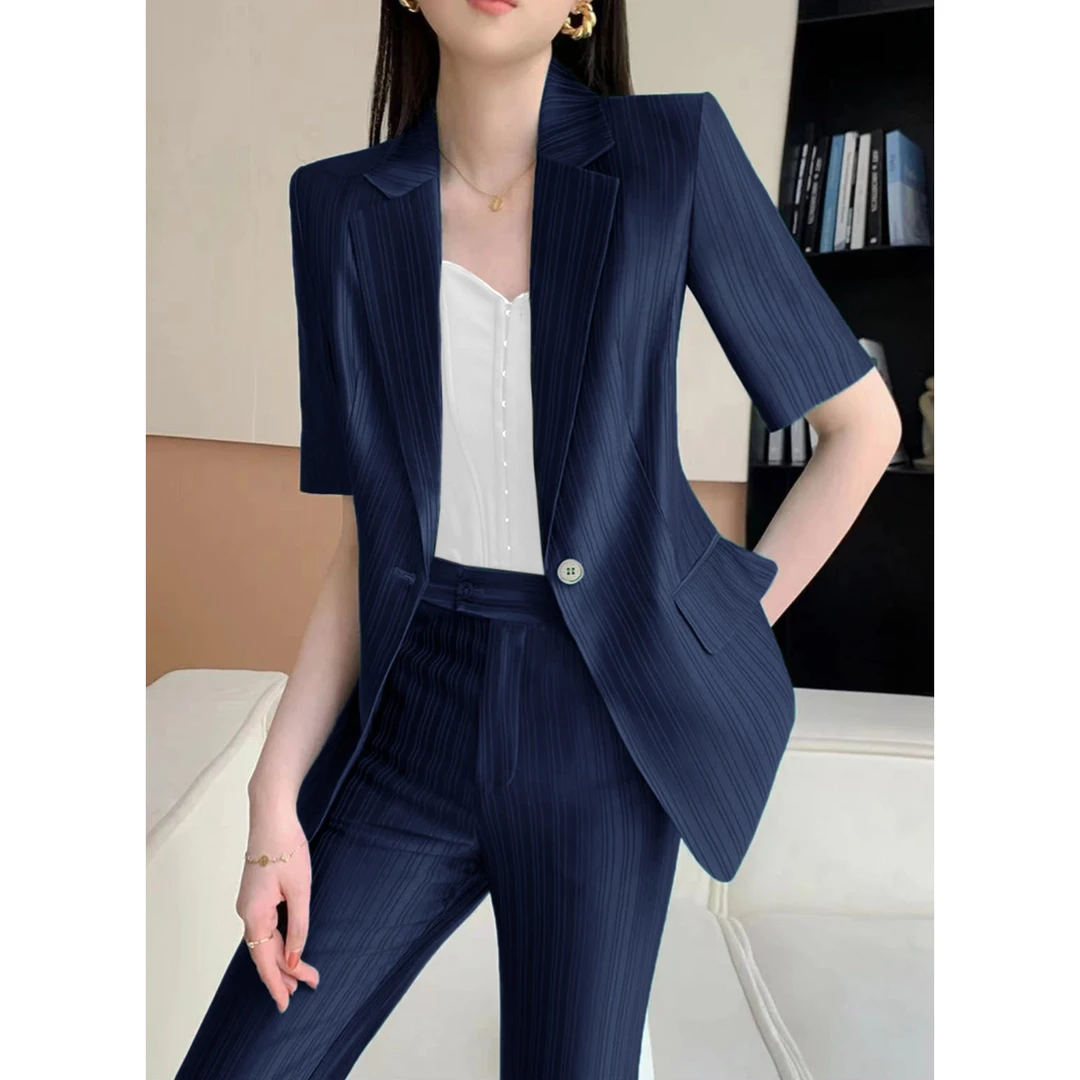 0617气质时尚西装套装女夏季修身商务工作女神范西服蓝色短袖条纹