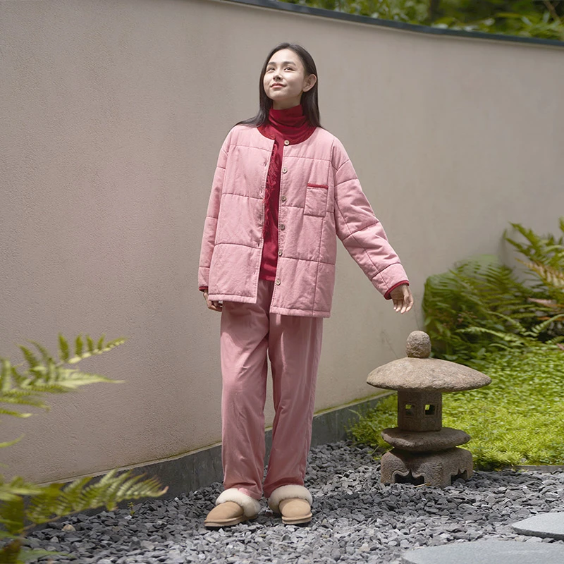 朵朵可可睡衣女士秋冬新款两面可穿粉格子全棉加厚夹棉家居服套装