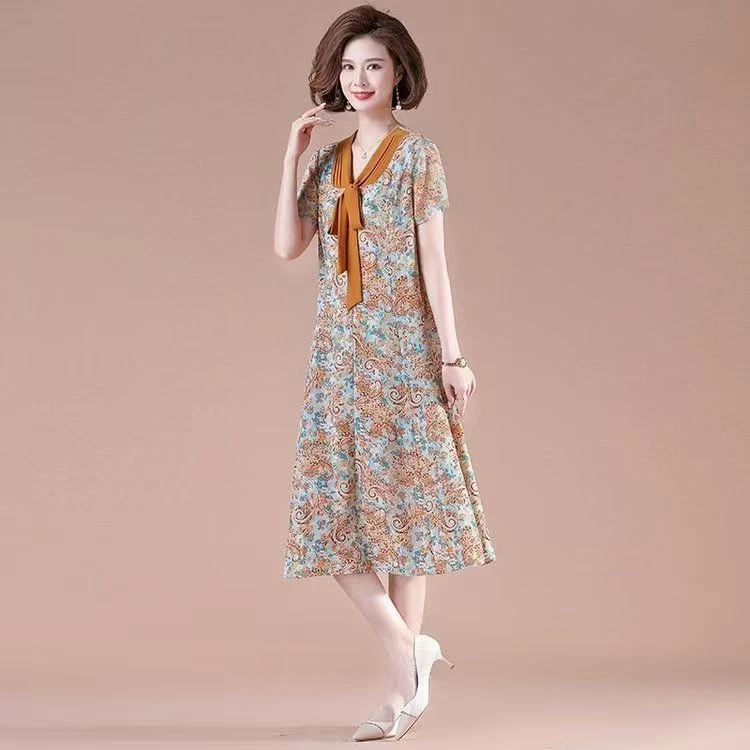 10415-中老年女装新款短袖蝴蝶结领连衣裙花纹优雅舒适时尚【G仓】