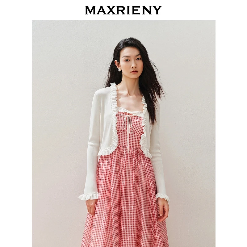 MAXRIENY【静奢度假-商场同款】宫廷浪漫钉珠针织开衫外套收腰上衣